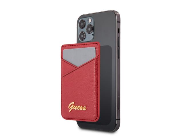 Porte-cartes Guess Saffiano compatible Magsafe avec fixation magnétique - Rouge