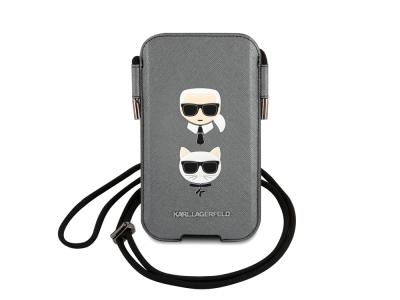 Pochette à cordon Karl Lagerfeld Saffiano pour smartphone 6.1'' - Modèle Karl & Choupette - Grise