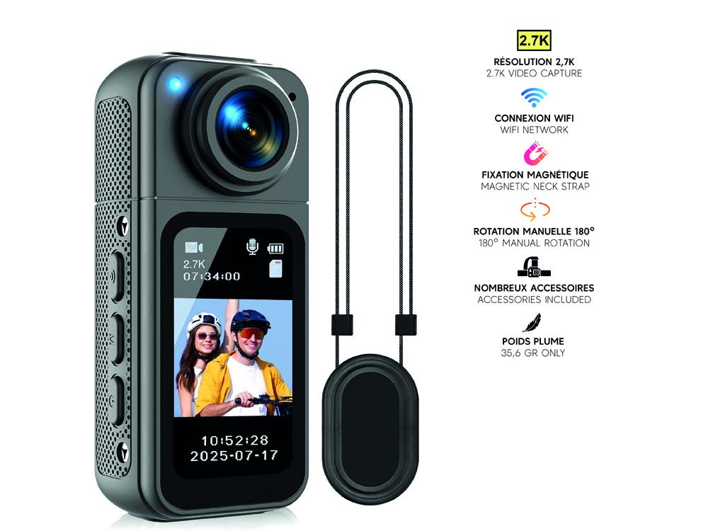 Caméra corporelle 2,7K Wifi 180° - Modèle Magnetix - Coloris Noir