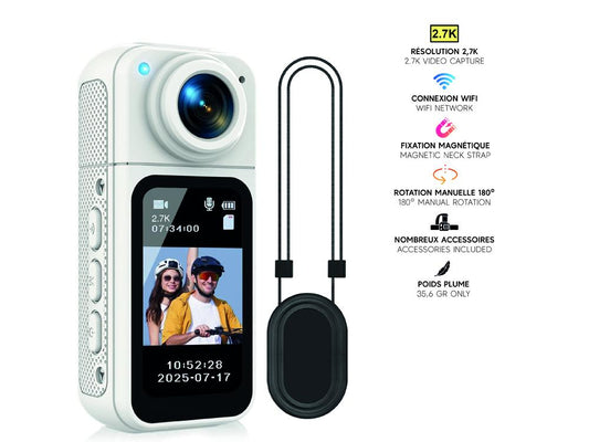 Caméra corporelle 2,7K Wifi 180° - Modèle Magnetix - Coloris Blanc