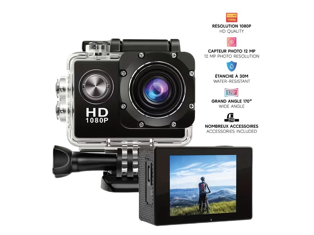 Caméra sport 1080P avec accessoires et caisson étanche