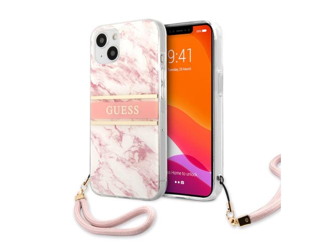 Coque Guess Marble Strap avec lanière nylon pour iPhone 13 - Rose
