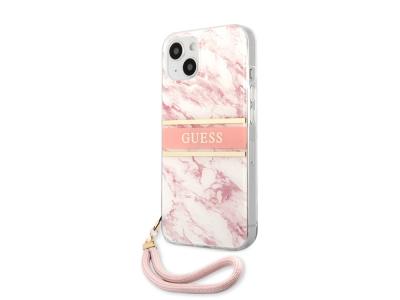 Coque Guess Marble Strap avec lanière nylon pour iPhone 13 - Rose