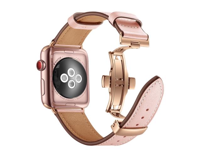 Bracelet en cuir véritable avec boucle déployante pour Apple Watch 38/40 et 41mm - Rose