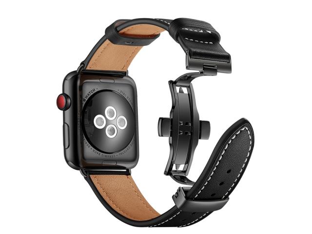 Bracelet en cuir véritable avec boucle déployante pour Apple Watch 42/44 et 45mm - Noir