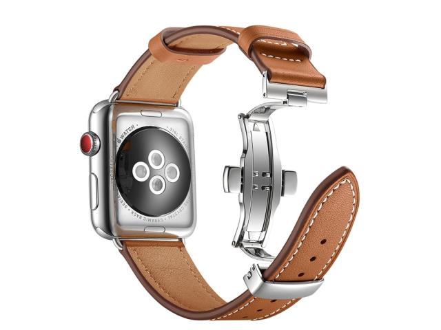 Bracelet en cuir véritable avec boucle déployante pour Apple Watch 42/44 et 45mm - Marron