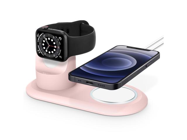 Socle de chargement silicone 2en1 Magsafe pour Apple Watch et iPhone - Rose