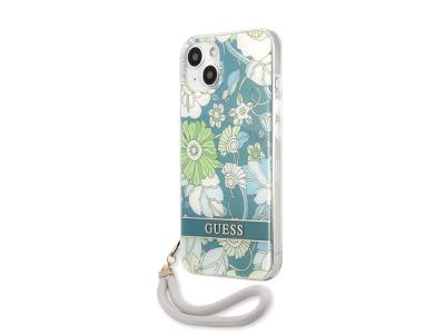 Coque Guess Flowers avec lanière nylon pour iPhone 13 - Blue Garden