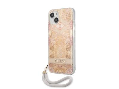 Coque Guess Flowers avec lanière nylon pour iPhone 13 - Golden Paradise