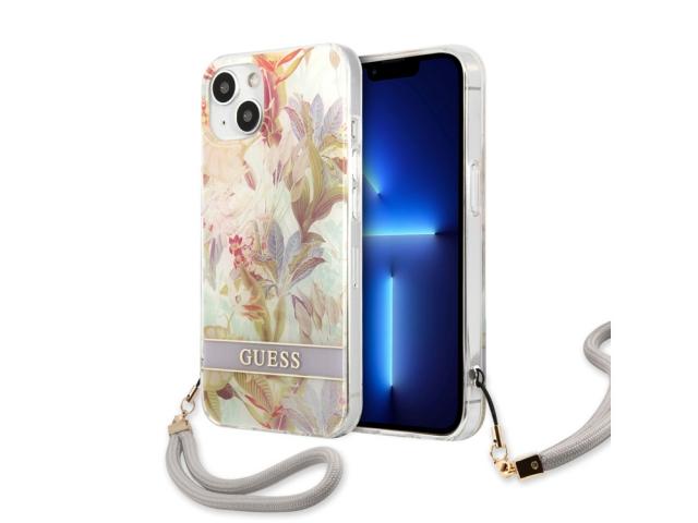 Coque Guess Flowers avec lanière nylon pour iPhone 13 - Purple Heaven