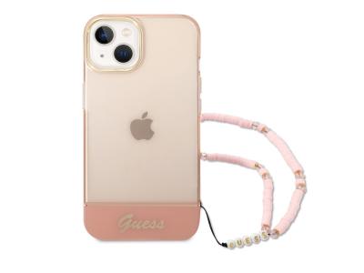 Coque Guess Colors avec lanière perlée pour iPhone 14 - Rose translucide
