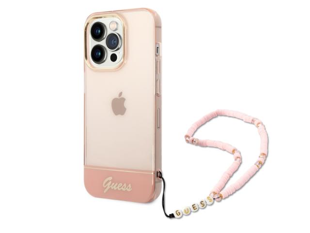 Coque Guess Colors avec lanière perlée pour iPhone 14 Pro - Rose translucide