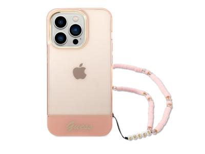 Coque Guess Colors avec lanière perlée pour iPhone 14 Pro Max - Rose translucide