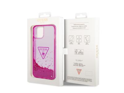 Coque Guess Glitter Palm à paillettes flottantes pour iPhone 14 - Rose translucide