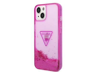 Coque Guess Glitter Palm à paillettes flottantes pour iPhone 14 Plus - Rose translucide
