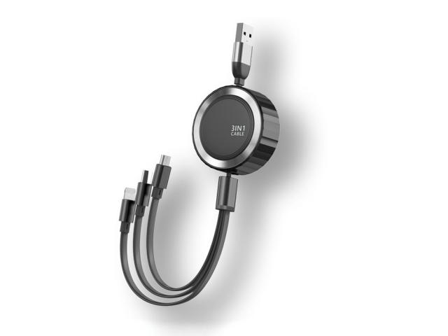 Câble de chargement rétractable 1.2m 3en1 3A - Micro-USB / Lightning / Type-C  - Noir