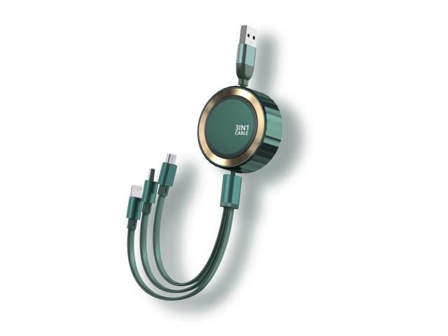 Câble de chargement rétractable 1.2m 3en1 3A - Micro-USB / Lightning / Type-C  - Vert