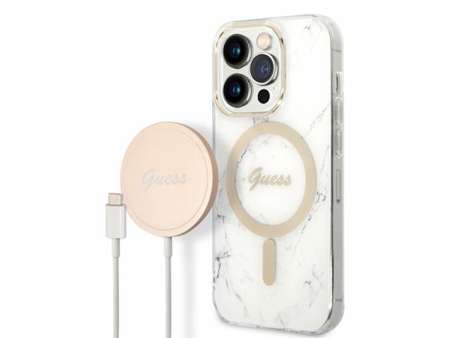 Bundle Chargeur 15W Guess Magsafe + Coque Magsafe Marble Blanche pour iPhone 14 Pro