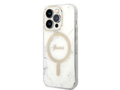 Bundle Chargeur 15W Guess Magsafe + Coque Magsafe Marble Blanche pour iPhone 14 Pro Max