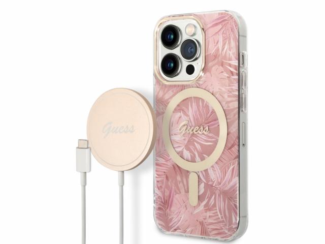 Bundle Chargeur 15W Guess Magsafe + Coque Magsafe Jungle Rose pour iPhone 14 Pro