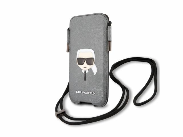 Pochette à cordon Karl Lagerfeld Saffiano pour smartphone 6.1'' - Modèle Karl Head - Grise