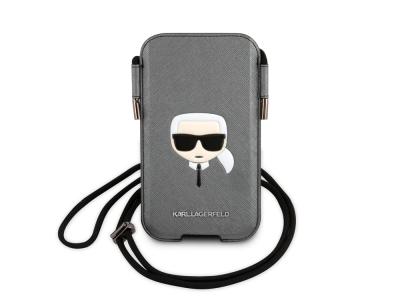 Pochette à cordon Karl Lagerfeld Saffiano pour smartphone 6.1'' - Modèle Karl Head - Grise