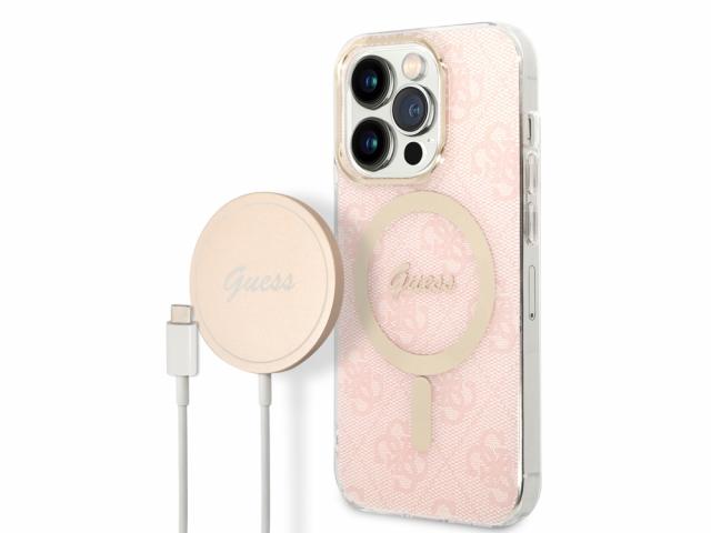 Bundle Chargeur 15W Guess Magsafe + Coque Magsafe 4G Rose pour iPhone 14 Pro